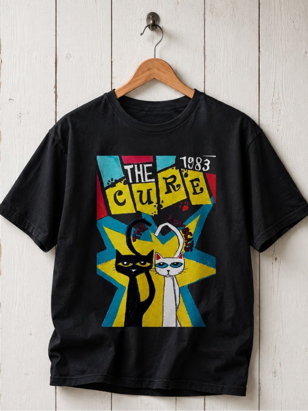 Gildan Black Tee with Colorful Cat Graphic